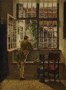 Henrik Nordenberg Interior with a boy at a window oil on canvas
